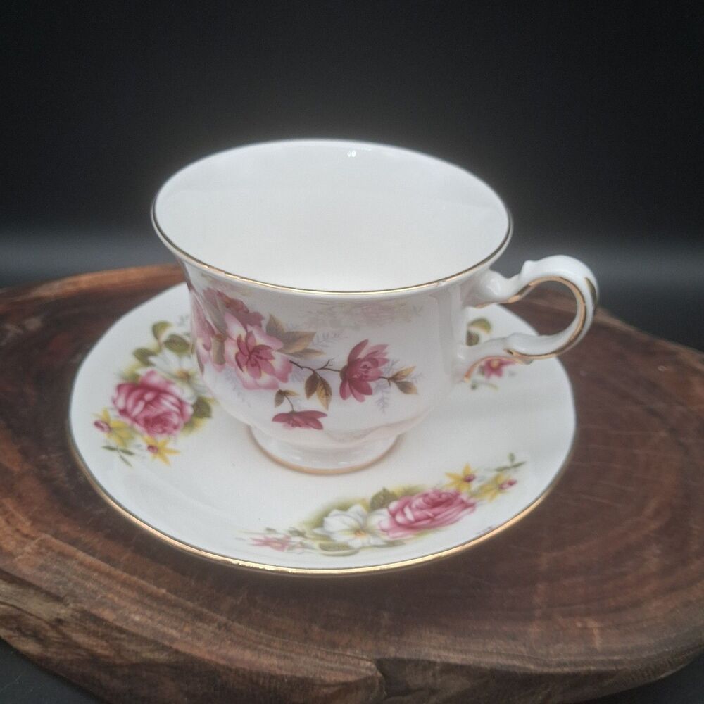 VTG Queen Anne Bone China Teacup Saucer Married Set Mixed Pink Floral England